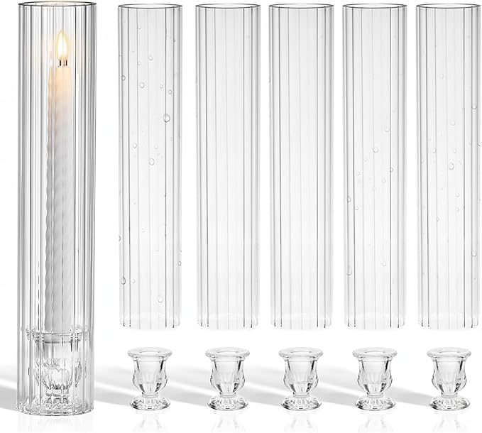 CHILL RECIPE Glass Hurricane Candlestick Holders Ribbed 14" Tall Cylinder Candle Holder Chimney Tube, Floral Taper Crystal Candle Stick Holder for Birthday Wedding Christmas Home Decor(1 Set 6Pcs)