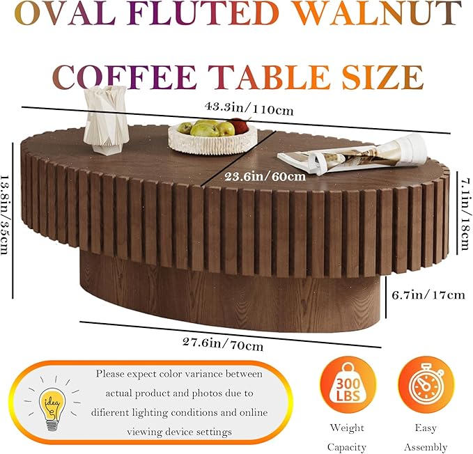 43.3in Fluted Side Tables Living Room Modern Chic Drum Coffee Table - Spacious Tabletop, for Small Space - Living Room Apartment Study,Walnut