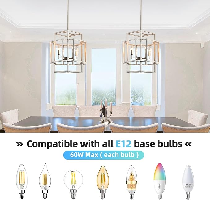 WJShome 4-Light Brushed Nickel Chandelier, Modern Foyer Lighting Fixtures, 16.5" Silver Farmhouse Chandeliers, Hanging Lantern Pendant Lights Kitchen Island, for Living Room, Entryway, Staircase