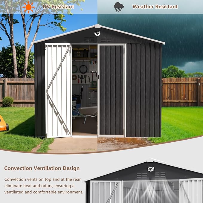 10x12 FT Outdoor Storage Shed, Metal Sheds & Outdoor Storage, Waterproof Sheds with Lockable Doors for Backyard (Black, No Window)