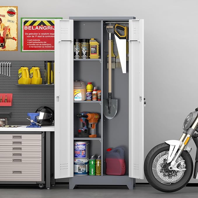 GREATMEET 65" Garage Storage Cabinet, Broom Closet Storage Cabinet, Storage Shed, Metal Cabinets with Doors and Shelves, Tool Shed for Brooms and Mops, Utility Cabinets for Storage, Grey&White