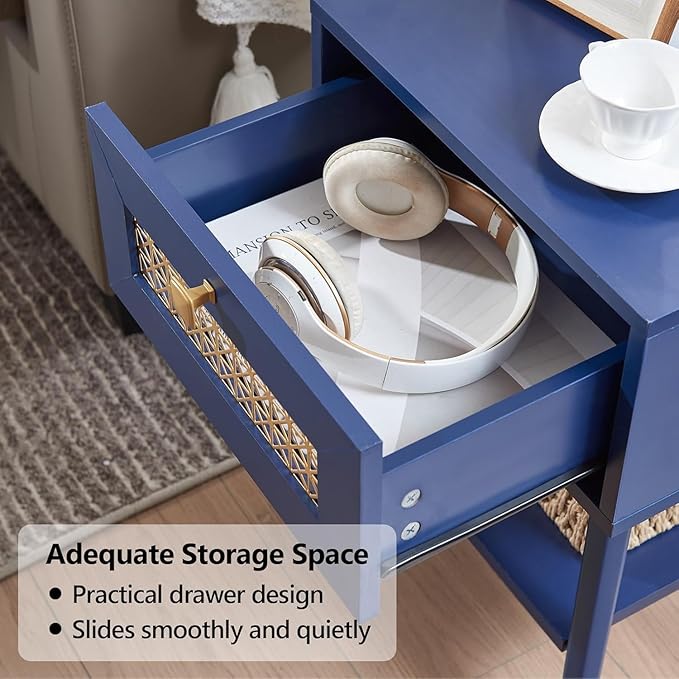 Mid Century Modern End Table, Small Side Tables with Charging Station & Outlets and USB Ports, Blue Wood Nightstand with Storage Drawer and Open Shelf for Living Room, Set of 2