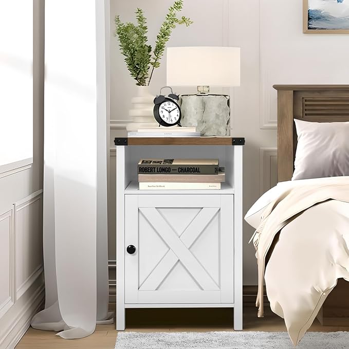 Catrimown Farmhouse End Table, Nightstand Set of 2, Rustic Night Stand with Barn Door and Storage Shelf, White End Table, Side Table for Bedroom Living Room, Cream White
