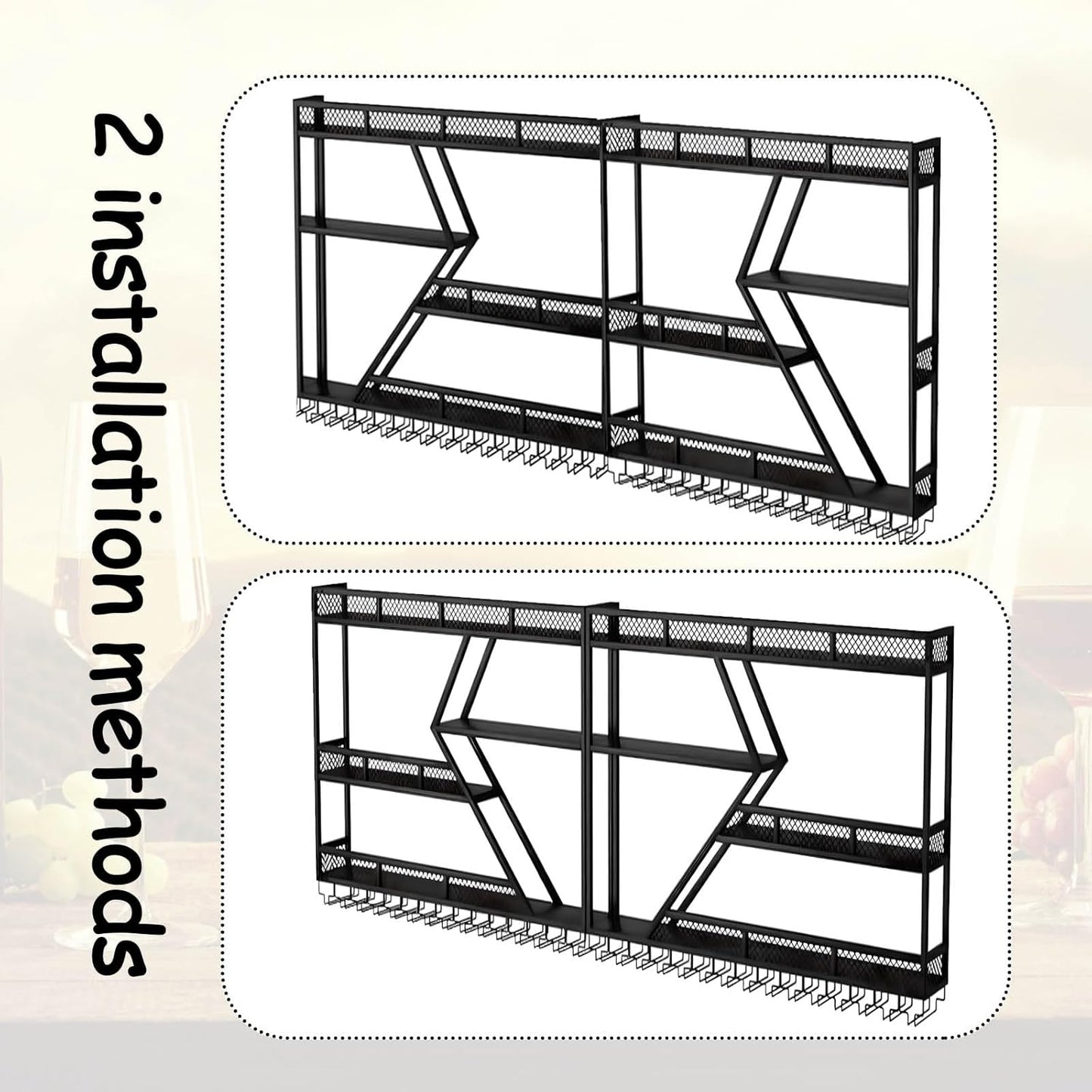 Wall Mounted Wine Rack with Glass Holder, 3-Tier Metal Storage Shelf, Black Diamond Design, Wine Bottle Display with Stemware Storage (Black, 47.24in/Left)