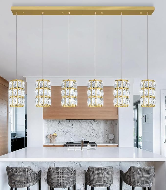 6-Lights Rectangle Modern Crystal Pendant Lights for Kitchen Island LED Dimmable Glam Pendant Lighting Chandelier for Dining Room Hallway Corner Lamp Gold