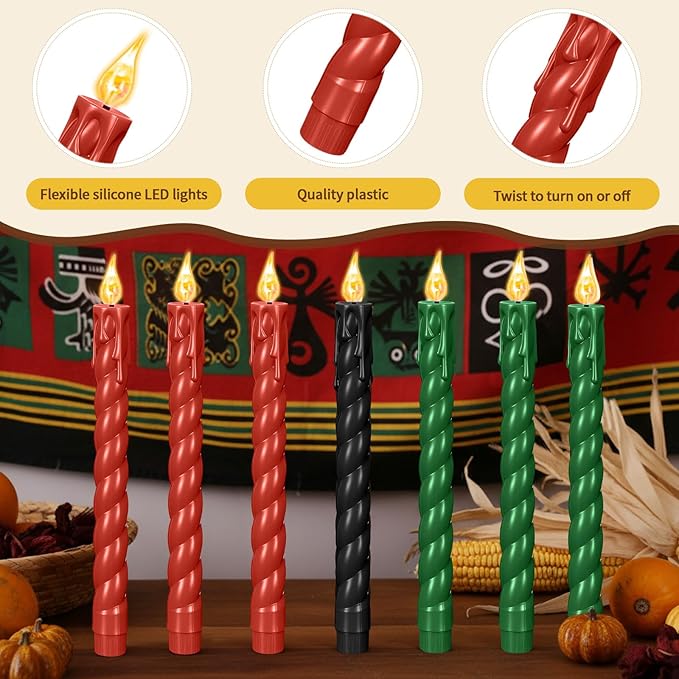 Riakrum 7 Pieces Kwanzaa Candles Set Kwanzaa Flameless Taper Candles Battery Operated for Church Celebration Decoration (9.65 Inches,Thread Style)