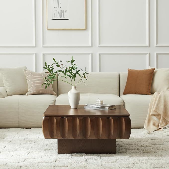 LKTART 31" Lift Top Coffee Table for Living Room, Fluted Coffee Table with Hidden Storage Compartment, Mid Century Modern Solid Wood Veneer Square Center Table for Office Apartment Small Space, Walnut