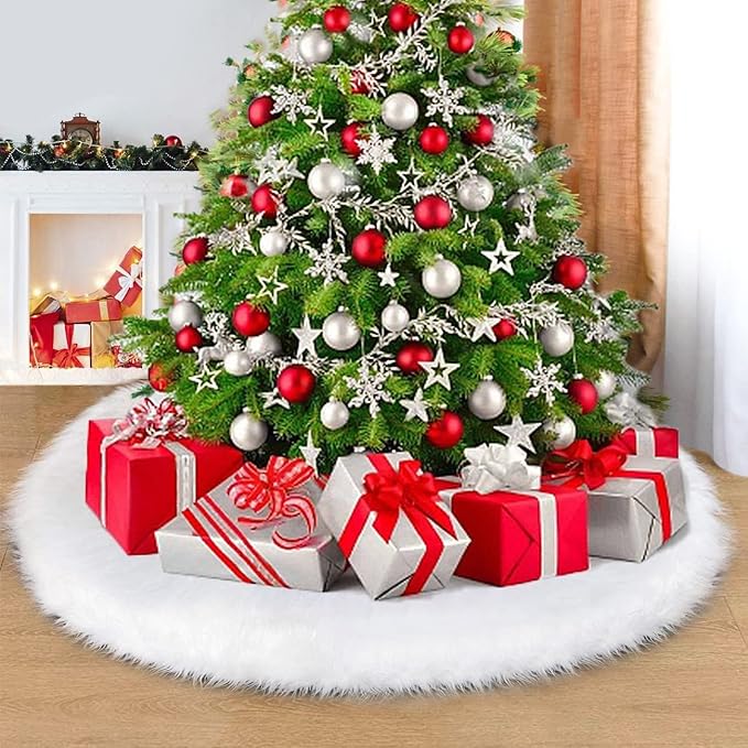 72 Inch Christmas Tree Skirt Faux Fur Snow White Luxury Plush Large Size Fluffy Home Holiday Decor Xmas Gift