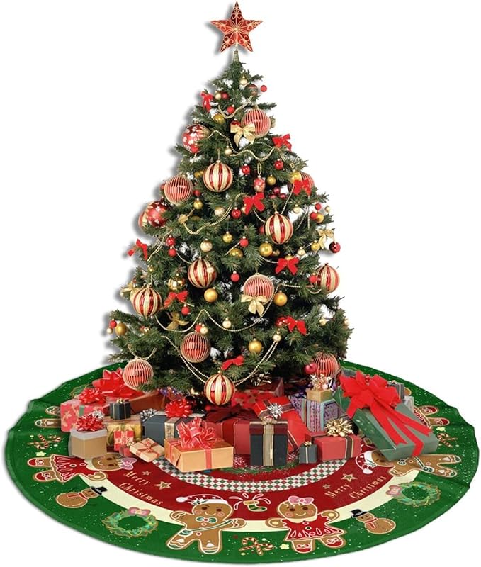 Gingerbread Christmas Tree Skirt 36" Candy Themed Christmas Tree Skirts Gingerbread Tree Mat for Christmas Xmas Festive Party Yard Gingerbread Christmas Decorations Indoor Outdoor Ornaments -1