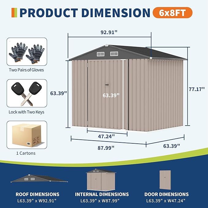 6x8 FT Metal Storage Sheds Outdoor with Floor, Metal ToolShed with Lockable Door, Metals Yard Sheds Metals Garden Shed Kit, MetalUtility Sheds Buildings with Air Vent for Backyard Garden Patio Lawn