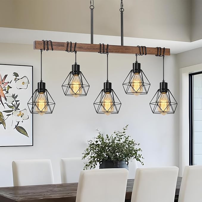 5-Light Kitchen Ceiling Light Fixture - Modern Farmhouse Black Chandelier with Adjustable Height for Dining Room Over Table, Rustic Wood Linear Pendant Island Lights for Kitchen, E26 Base, UL Listed