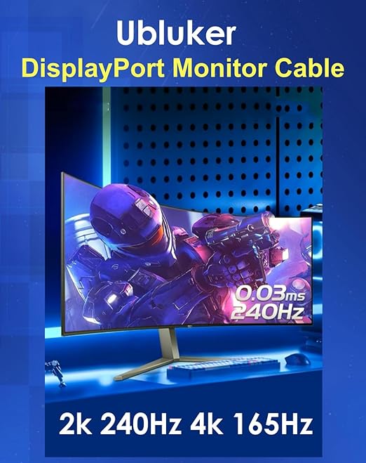 10K 8K DisplayPort 2.1 Cable 54Gbps 5 FT, Certified DP to DP Cord 4K 240Hz 165Hz 144Hz 120Hz 10K 8K 120Hz Nylon Braided UHBR HDCP2.3 FreeSync G-Sync RTX5090 Gaming Monitor PC Projector