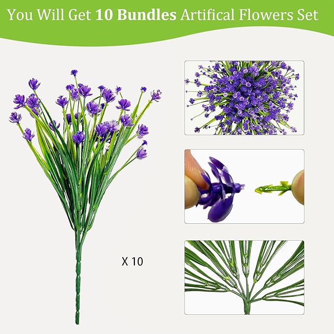 Faux Outdoor Plastic Plants 10 Bundles No Fade Artificial Flowers UV Resistant Fake Shrubs for Home Party Fake Plants for Planters Purple