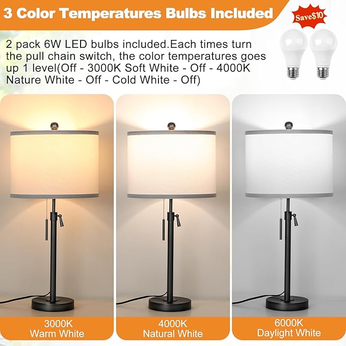 Table Lamps for Bedrooms Set of 2, 22" to 30" Height Adjustable Nightstand Lamps with Linen Shade, Pull Chain Switch Lamps for Living Room, 3 Way Dimmable Beside Lamp