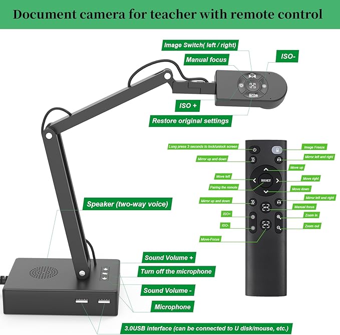 Document Camera for Classroom, USB Camera for Teacher, 12MP & 9X Zoom-in, Move lmage, Mic and Speaker, Mirroring, LED Light, 2 Port HUB, for Remote Learning, Painting, Live Demo (with Remote)