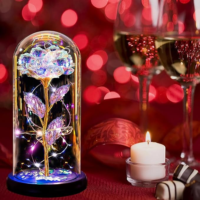 Christmas Rose Gifts for Women Mom, Womens Gifts for Christmas, Glass Flower Gifts for Sister, Rose Enchanted Crystal Flower Gift Light Up in Glass Dome,Birthday Gift for Women Wife Gold