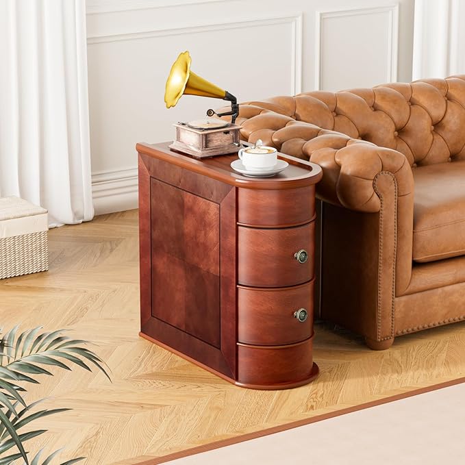 ROOMTEC Solid Wood End Table,Narrow Side Table with 2 Drawers,No Assembly,Slim Chair Side Table, Finished Back,Vintage Wood Narrow Sofa Side Table for Living Room Bedroom(2 Pack)
