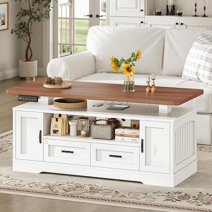 SEDETA 47.2" Electric Standing Coffee Table with Storage, Farmhouse Lift Top Coffee Table with Drawers and Open Shelves, Height Adjustable Tables with Power Outlet, for Living Room, White