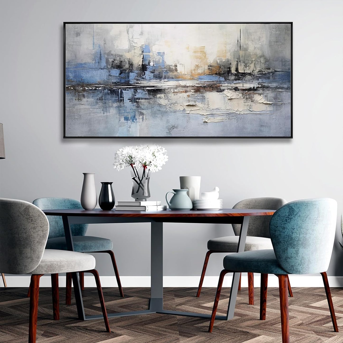 Abstract Wall Art Blue and White Reflection Large Size Framed Artwork Wall Decor Canvas Painting Stretched Canvas Wooden for Living Room Bedroom Office Home Decor Frame ready for hanging 30"x60"