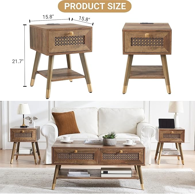 Mid Century Modern End Table for Living Room, Rustic Oak Small Side Tables with Charging Station, Outlets and USB Ports, Wood Nightstand with Storage Drawer and Open Shelf