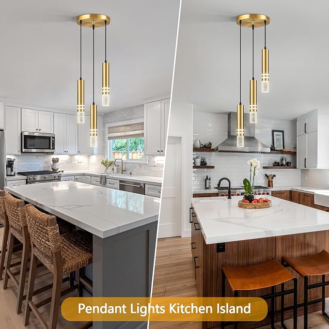 Pendant Lights Kitchen Island, Crystal Pendant Light Fixtures Mini 18W LED Modern Kitchen Pendant Lighting Over Sink and Living Room and Bedroom (Gold 3 Light)