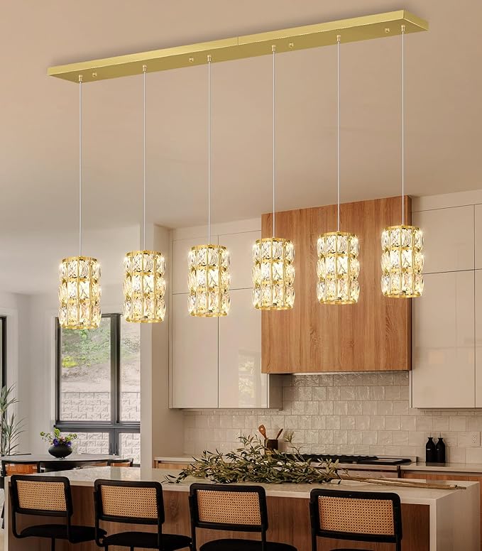 6-Lights Rectangle Modern Crystal Pendant Lights for Kitchen Island LED Dimmable Glam Pendant Lighting Chandelier for Dining Room Hallway Corner Lamp Gold