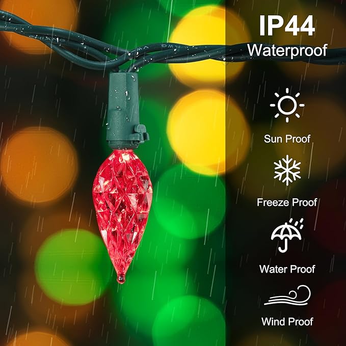 BOHON Red White and Green Christmas Lights Outdoor Faceted C6 50 LED 25ft Plug in Fairy Twinkle Warm String Lights Waterproof Extendable Green Wire for Indoor Patio Xmas Thanksgiving Tree Decoration