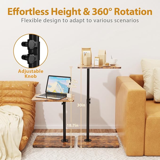 TV Tray Table, Adjustable C Shaped End Table for Couch, 360°Swivel Couch Side Table C Table That Slide Under Couch Desk for Small Space Sofa Bed Snack Living Room Bedroom(Rustic)
