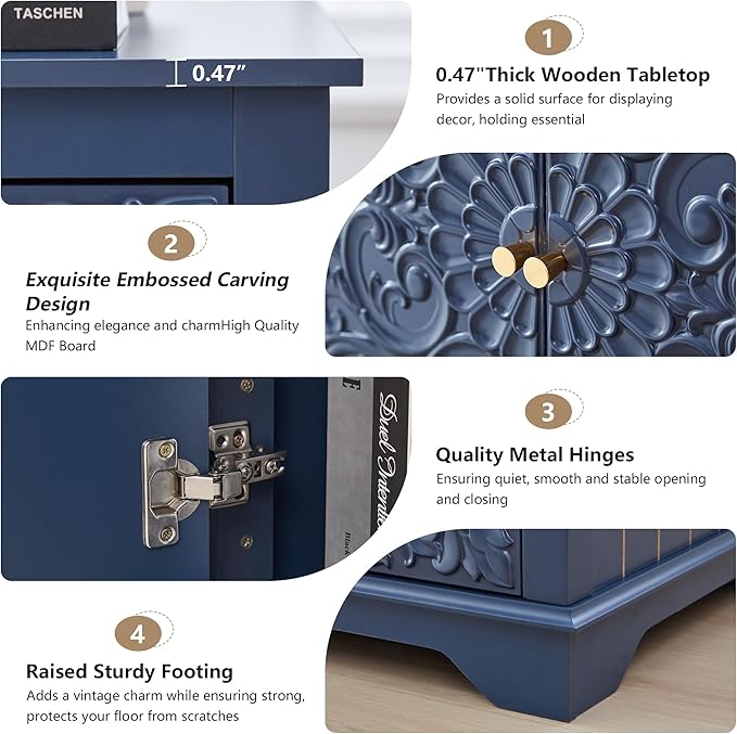 End Table Set of 2, 24" Farmhouse Nightstand with Carved Floral Door & Adjustable Shelf, Square Wooden Sofa Side Table with Storage for Living Room Bedroom (Midnight Blue)
