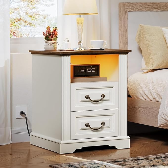 Farmhouse Nightstand Set of 2, Wooden Night Stand with Charging Station, LED Bedside Table with Drawers, Rustic Sofa Side Table, End Table for Bedroom, Living Room, White and Walnut
