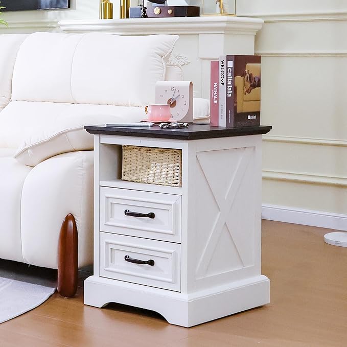 ALBAD Farmhouse Nightstand with Charging Station Rustic Bedside Table with 2 Drawers and Cubby Storage End Table with Metal Handle for Bedroom Office, Antique White