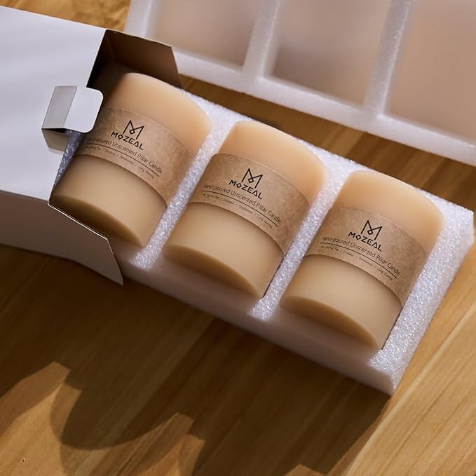 MOZEAL 3" x 4" Hand-Poured Unscented Beige Candle, Dripless Off White/Cream Pillar Candle Set of 3, Long Clean Burning, Approx 72 Hours Burn Time, Rustic Country Style, Home Decor