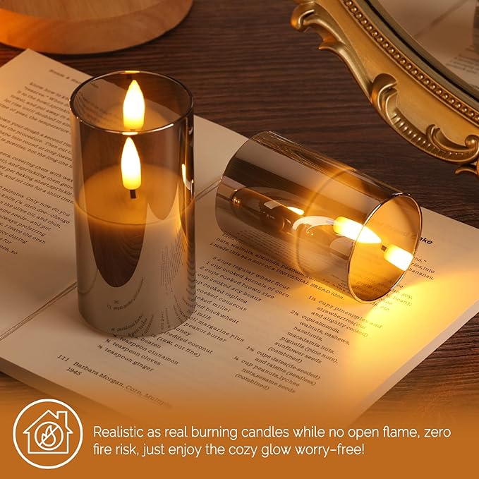 Grey Glass Flameless Candles with Remote Batteries, Flickering Slim Christmas LED Pillar Candles Set of 5