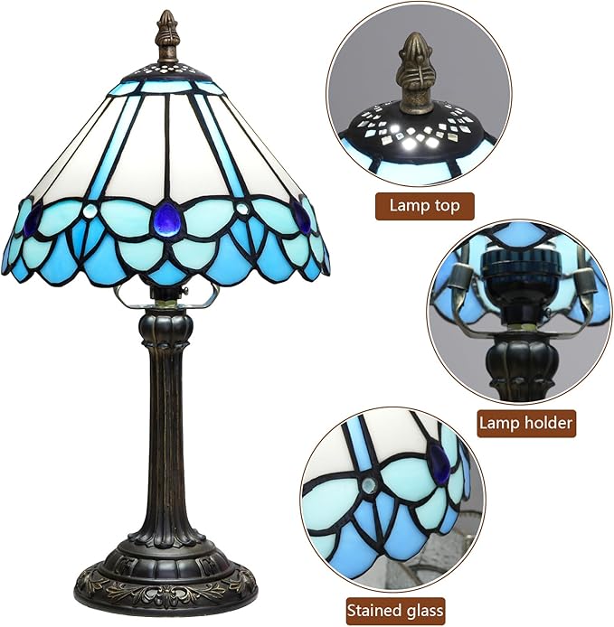 Tiffany Lamp Little Blue Butterfly Style Stained Glass Reading Lamp 8X8X14 Inch Bedroom Bedside Nightstand Night Light Home Office Desk Lamp with LED Bulb