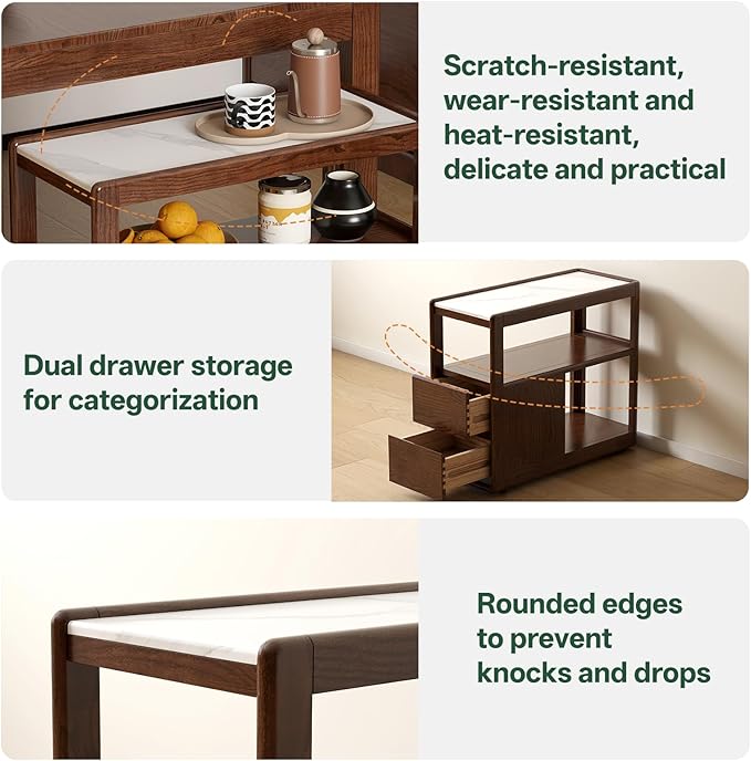 100% Solid Wood Side Table with Wheels, Narrow Side Table with Storage Drawers, Rolling Bedside Table for Bedroom Living Room Space Saving (Walnut, 11.81" D x 26.77" W x 23.23" H)