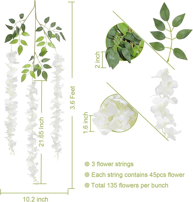 U'Artlines 48 Pack (Total 172.8 Feet) Artificial Fake Wisteria Vine Rattan Hanging Garland Silk Flowers String Home Party Wedding Decor (48, White)