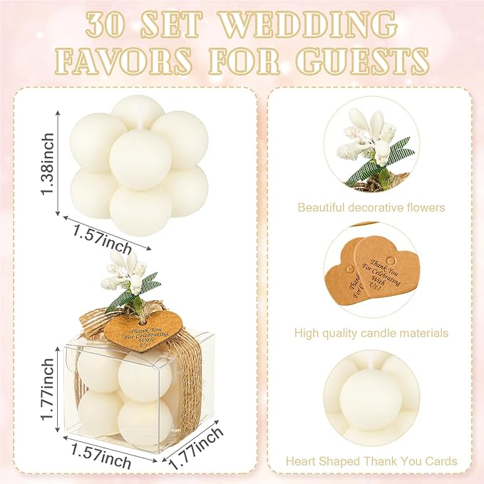 MTLEE 30 Sets Mini Bubble Candles Wedding Favors Gifts for Guests 1.57" x 1.38" Bubble Candles with Cards Dried Flowers DIY Gift Set for Baptism Party Bridal Shower Thank You Gifts (Ivory)