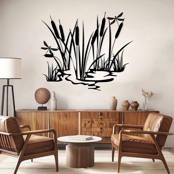 EANHIPE Metal Cattails & Dragonfly Wall Art, Cattails Metal Wall Art, Rustic Farmhouse Decor, Nature Themed Decor for Living Room, Bedroom, Bathroom, Housewarming Gift (Black, 24"x20"/60x51cm)