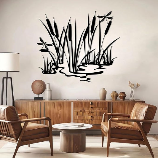 EANHIPE Metal Cattails & Dragonfly Wall Art, Cattails Metal Wall Art, Rustic Farmhouse Decor, Nature Themed Decor for Living Room, Bedroom, Bathroom, Housewarming Gift (Black, 19"x16"/47x40cm)