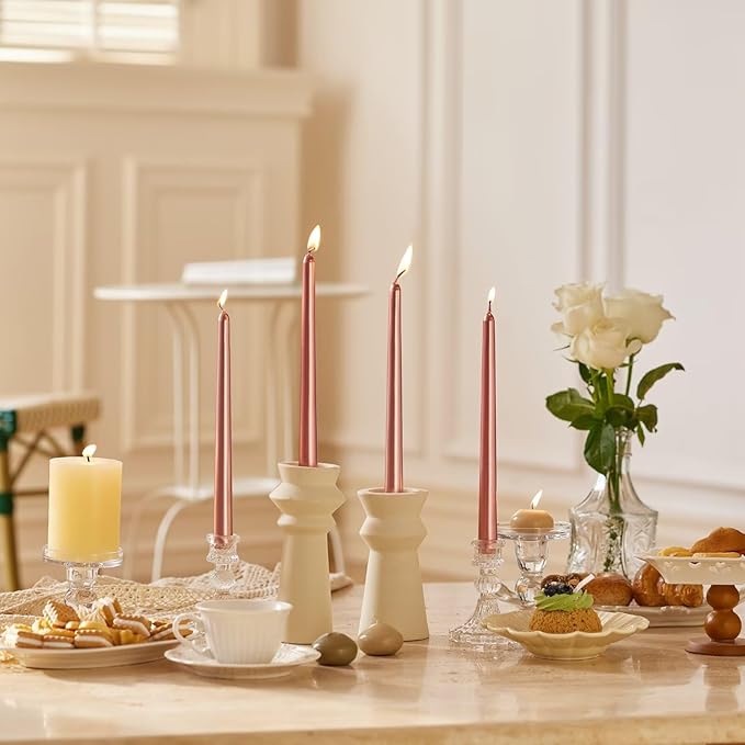 12-Inch Tall Dripless Taper Candles Set of 4 - Rose Gold Tapered Candles, Perfect for Spring - Smokeless, Unscented, Long Burning - Hand Poured, Colored Tall Candlesticks - Rose Gold