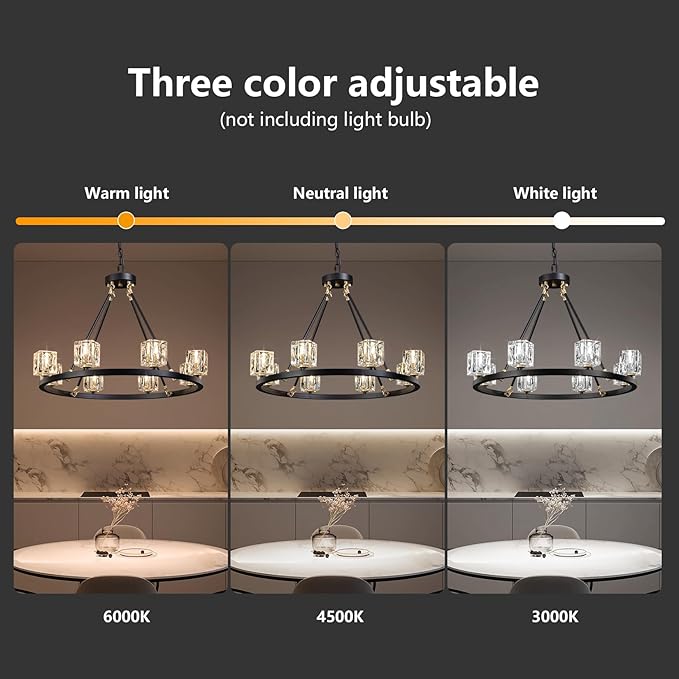 Black Wagon Wheel Chandelier, 8-Light Farmhouse Crystal Chandeleirs with Adjustable Height,Ceiling Hanging Light Fixture Pendant Lights for Living Room,Bedroom,Kitchen Island,Dining Room