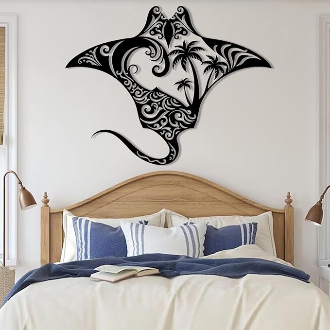 Stingray Metal Wall Art, Metal Palm Tree Wall Decor, Manta Ray Metal Wall Art, Nautical Decor, Sea Life Wall Art, Palm Tree Sign, Natural Wall Art, Metal Wall Decor for Bathroom (Gold, 19"x14"/47x36cm, metal wall art)