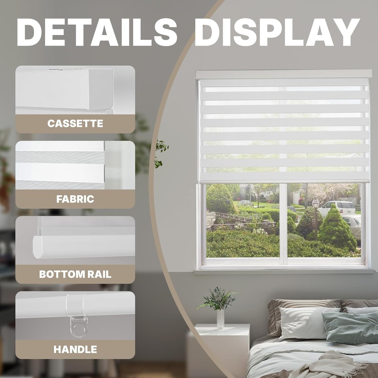 HESTIA Cordless Zebra Blinds Light Filtering Roller Shades Blackout Indoor Window Blind for Home Office,White,39" W x 48" H