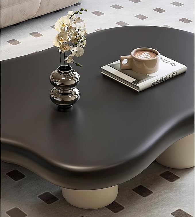 48 Inch Cloud Coffee Table, Modern Coffee Table for Living Room, Large Wood Coffee Side Table with Irregular Tabletop and 4 Sturdy Legs for Home Office Bedroom, Black and White