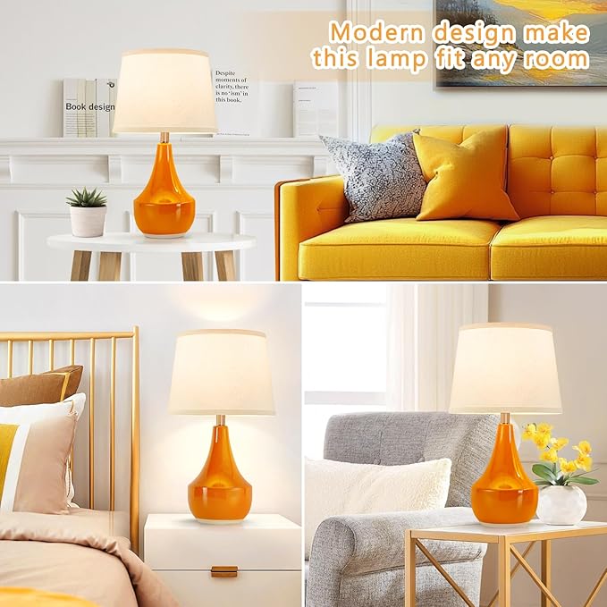 GyroVu Table Lamp Set of 2, Ceramic Lamp Classic Beside Lamps Nightstand Lamp Modern Table Lamp for Living Room, Bedroom & Office Rocker Swtich Orange-LED Bulbs Included