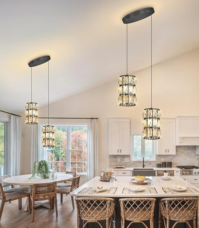 2-Lights Modern Crystal Pendant Lights for Kitchen Island LED Dimmable Glam Pendant Lighting Chandelier for Dining Room Hallway Corner Lamp Black