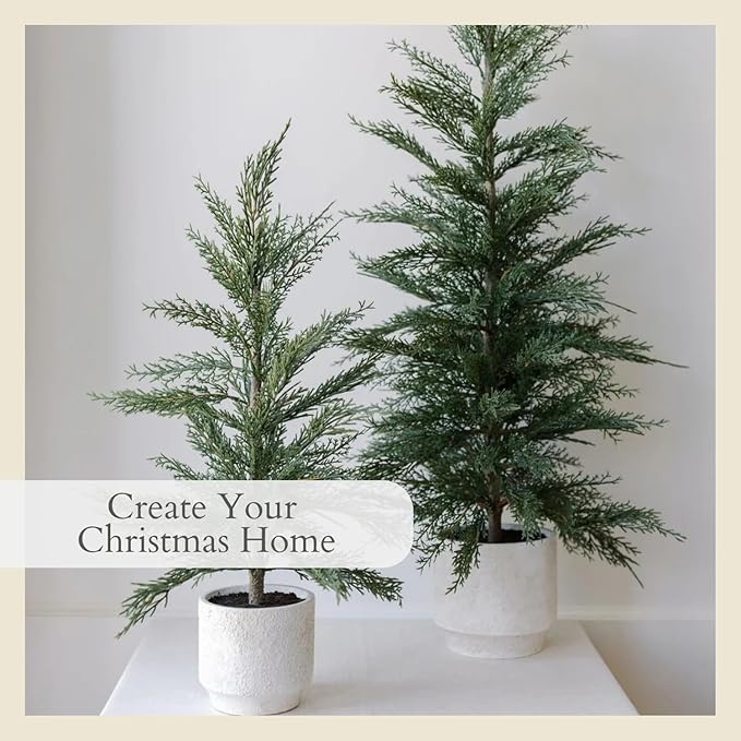 CG Hunter Holiday Collection, Set-of-1 Faux Evergreen Cedar Trees, Premium Artificial Indoor Cedar Tree Stands 36" Tall in Creme Pot–Perfect Christmas Decoration