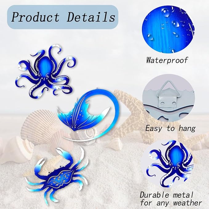Weibefee Metal Wall Art Decor Octopus Crab Manta Ray Coastal Nautical Ocean Christmas Decor Concise 9'' Set of 3 Hanging Christmas Decorations Gift for Bathroom Beach Indoor Outdoor Pool Home Bedroom Living Room Blue