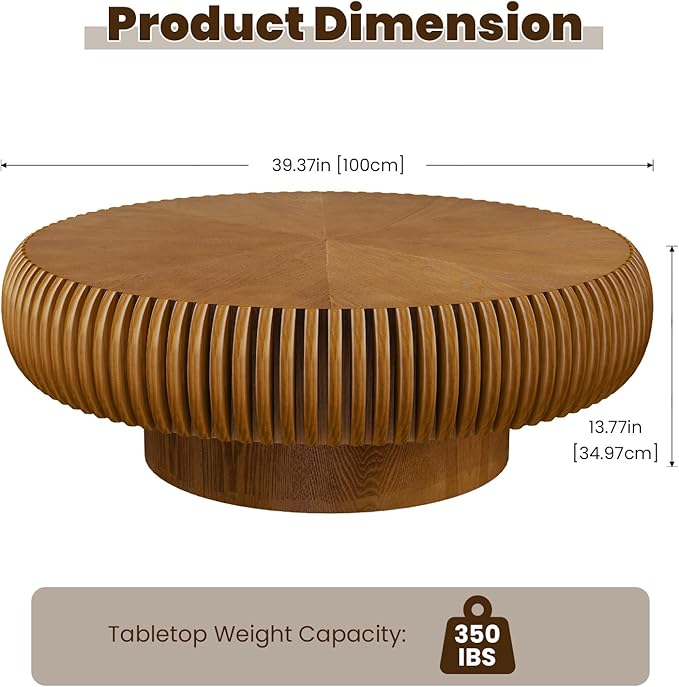 39.3" Drum Coffee Table Modern Unique Fluted Tea Table Contemporary Wood Round Coffee Table with Fluted Centry Table for Living Room Walnut (39.3" Brown)
