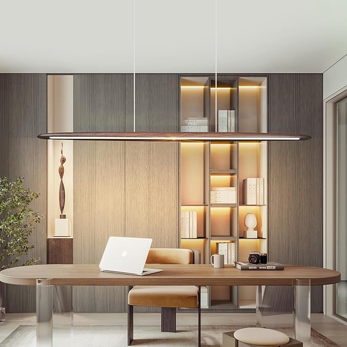 Walnut Linear Pendant Light Fixtures Modern LED Dimmable Pendant Lighting Wood Chandeliers for Dining Room Kitchen Island Pool 59In